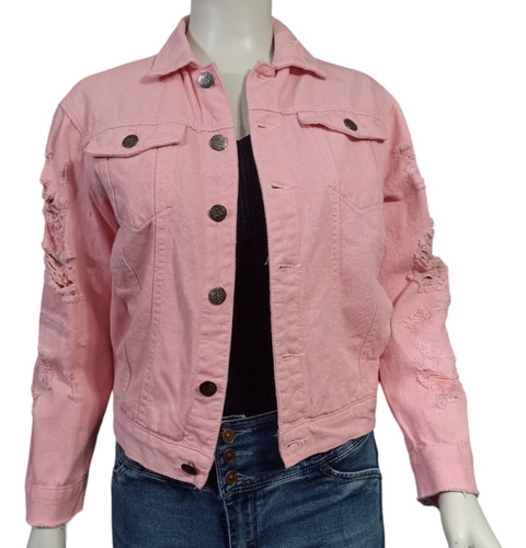 Chaqueta De Mezclilla Unisex Rosada Mangas Rasgadas Talla M