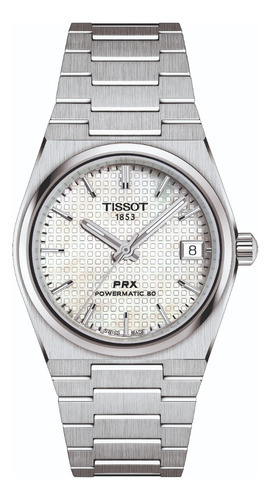 Relógio automático Tissot Prx 35mm | aço | mostrador branco | cor da pulseira | cinza | cor da moldura | cinza | cor de fundo | mãe | branco