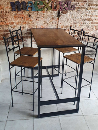 Imagen 2 de 5 de Mesa Barra 120x60 Con 4 Taburetes De Hierro Industrial