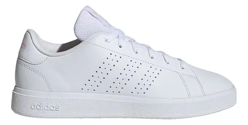 Tênis casual feminino Adidas Advantage Base 2.0 branco com detalhes rosa, visto de perfil lateral esquerdo, com fundo branco.