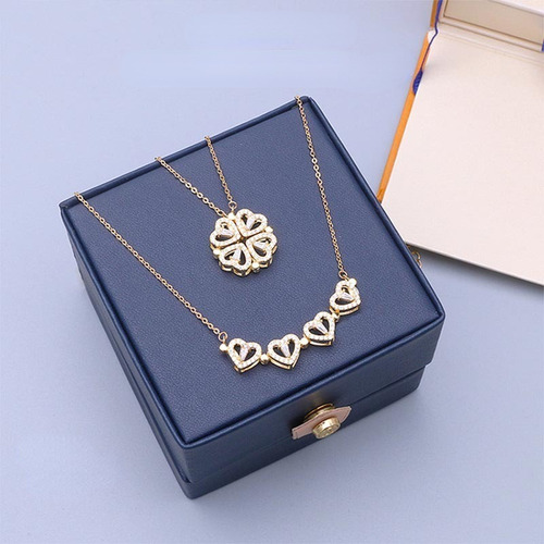 Imagen 6 de 9 de Collar Doble Vista Dorado Dije Corazones Amor Trébol Mujer