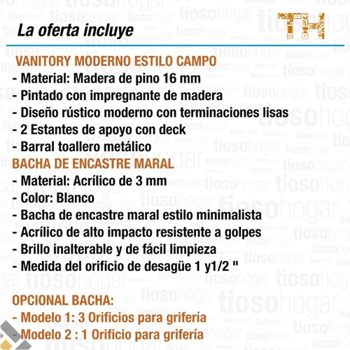 Imagen 6 de 10 de Vanitory Deck Barral Bacha Estilo Campo 50 40 Cm Mueble Baño