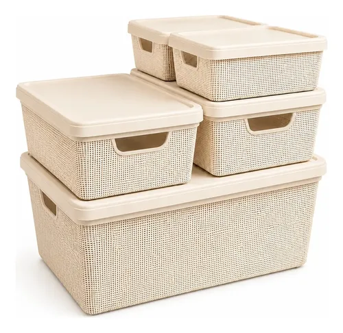 Kit 5 Caixas Organizadoras Cesto Tampa Multiuso 1,8l 5l 15l
