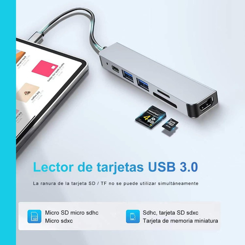 Hub Usb C 6 En 1 Adaptador Lector Sd Pd Hdmi Para Mac iPad