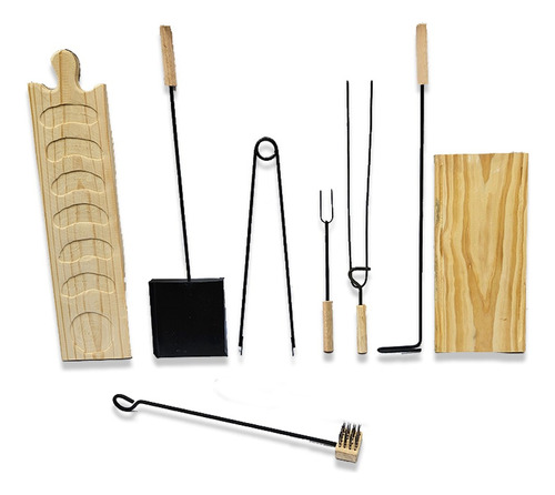 Set Parrilla 8 Unidades Tablas Cepillo Pala Atizador Asador