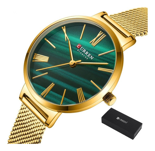 Relógio casual de quartzo impermeável com cinto de malha curvada, cor de pulseira dourada/verde