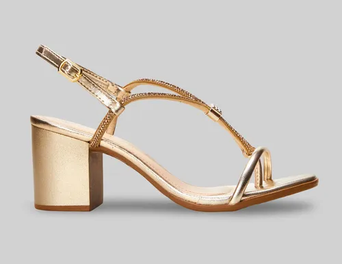 Vista lateral externa da sandália Ramarim 25-31204 ouro com salto bloco médio