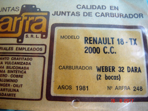 Juego Juntas Carburador Weber 32 Dara Renault 18 Tx 2000