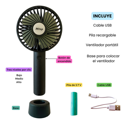 Mini Ventilador De Mano Portátil Recargable Por Usb Con Base Para Escritorio 3 Velocidades Color Negro Marca Dosyu
