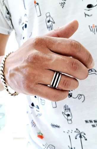 Anillo De Plata 925 Lineas Esmaltadas Hombre Ancho 10mm Negro 21