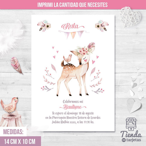 Imagen 3 de 5 de Invitación Digital + Imprimible - Bambi Con Pajarito