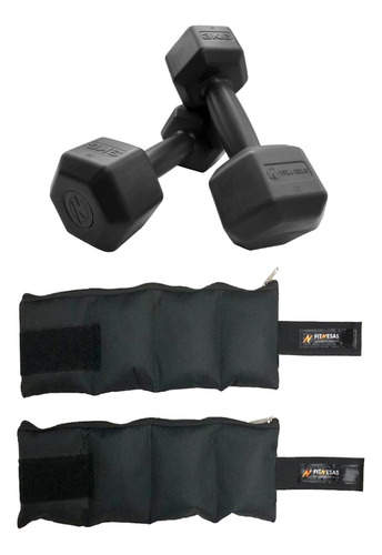 Kit Set Gym 2 Mancuernas 3 Kg + 2 Tobilleras 3 Kg Fitnesas