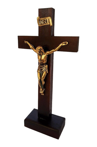 Crucifixo Para Sala Cruz De Madeira Mesa Com Pedestal 24,5cm