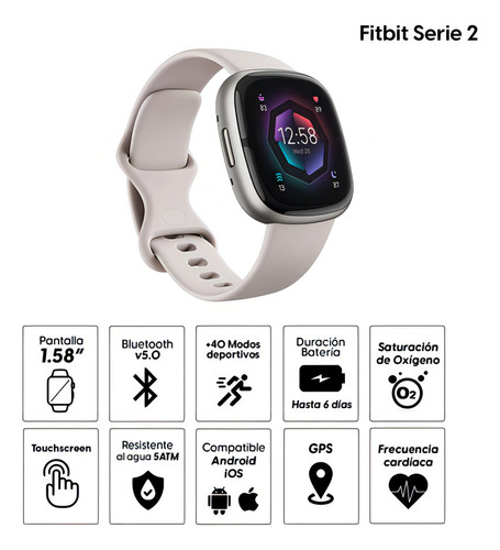 Smartwatch Fitbit Sense 2 Oled 5 atm, máx. 6 dias, 1,58, cor branca, cor de malha, cor de malha, branco, marfim