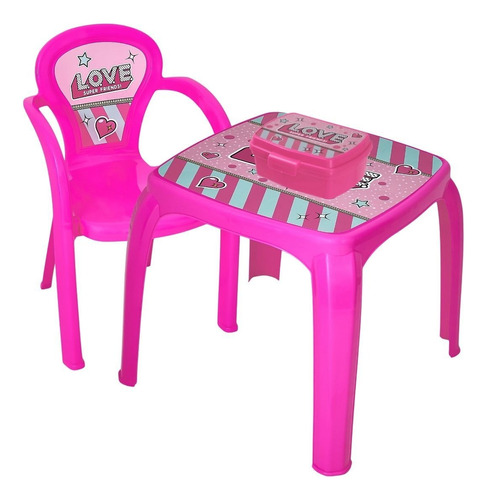 Kit Infantil Com Mesa Cadeira Lancheira Decorado Usual Util Cor Rosa Love