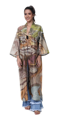 Kimono Haori Longo Oriental Kitsune Japão Floral Tigre Flor