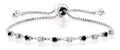 Pulsera De Plata De Ley 925 Con Diamante Negro Redondo Y Pi.