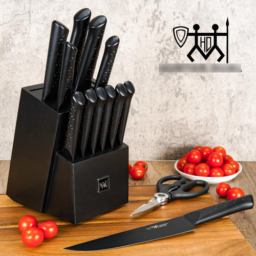 Set De Cuchillos De Cocina Con Bloque, 15 Piezas, Afilador I Negro Elegante