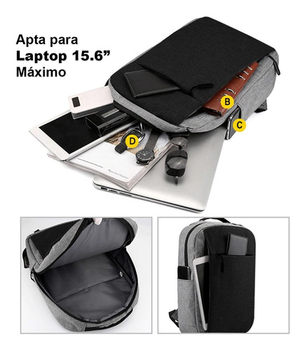Imagen 4 de 10 de Mochila Urbana Porta Notebook Unisex + Puerto Usb
