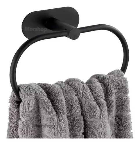 Toallero Negro Adhesivo De Baño Aro Porta Toallas Acero Inox