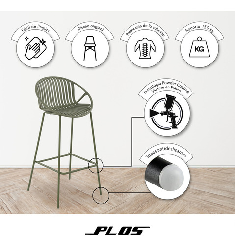 Silla Piso Bar Taburete Terraza Pack X2 Palermo Verde Musgo acabado Mate con Respaldo y Apoyabrazos Altura 75cm