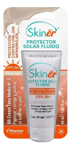 Protector Solar Fluido Skiner Tono Mate 45ml, Fps 50