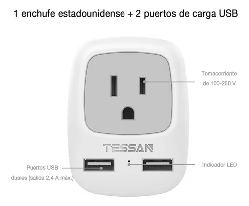 TESSAN-adaptador de enchufe doble con 2 enchufes, 3 puertos USB A y 1 enchufe  tipo