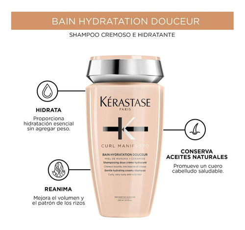 Imagen 2 de 3 de Shampoo Kérastase Curl manifesto Bain hydratation douceur Miel de Manuka y Ceramida en botella de 250mL de 250g por 1 unidad de 250g