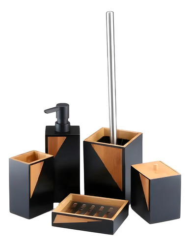 Set Kit Baño Känn Livet Organizador 5 Piezas Bambu Dispenser Jabón Color Negro Y Marrón 