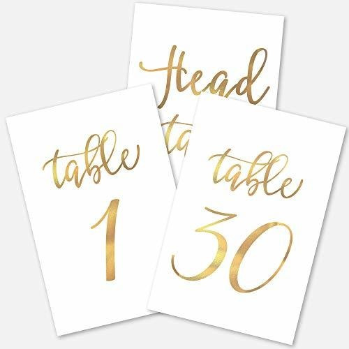 Tarjetas De Números De Mesa De Boda Doradas (1-30 + Mesa Pri