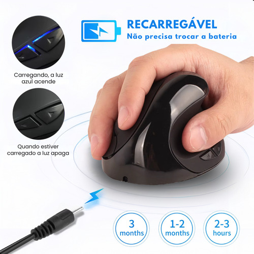 Mouse Sem Fio Vertical Ergonômico Conforto Usb Recarregável