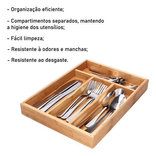 Porta Talher Bambu 5 Divisórias Utensílios Gaveta Garfo Faca