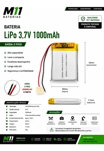 Bateria Lipo 3,7v 1000mah 2 Fios 42x30x7,7mm Lithium