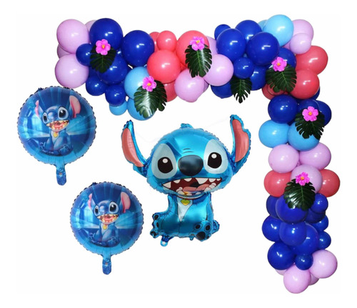 Arco De 130 Globos Tropical Stich Con  Hojas Y Muñeco 80cm