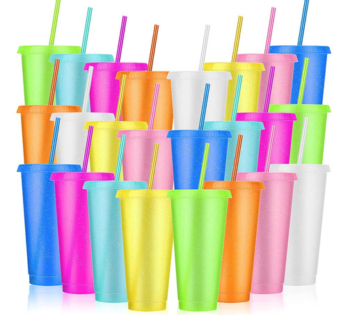 Vasos De Plastico Con Tapas Y Pajitas, 24 Vasos Reutilizable