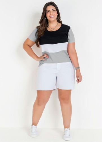 Imagem 4 de 6 de Blusa Feminina Mangas Curtas Tricolor T-shirt Plus Size