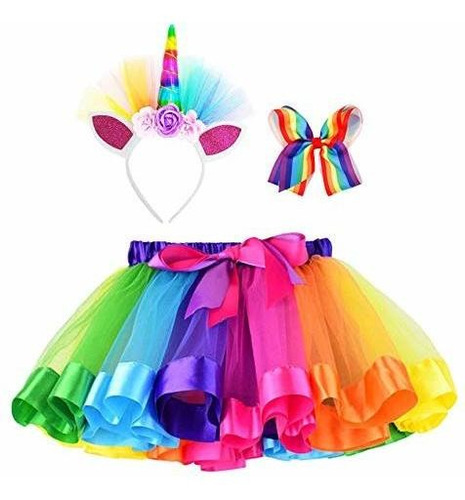 Chicas Rainbow Cayered Tulle Tutu Falda Con Unicornio D...