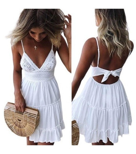 Vestido Corto De Encaje Con Escote Triangular Para Verano