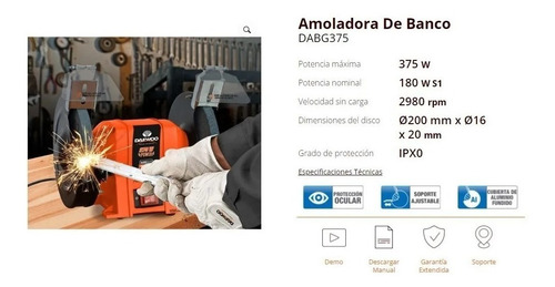 Imagen 5 de 10 de Amoladora De Banco 375w Daewoo + 2 Piedras De Amolar 1/2 Hp