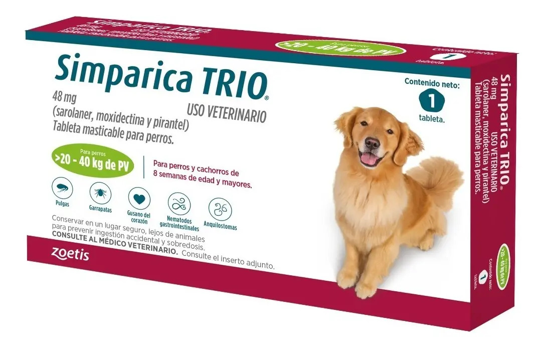 Simparica Trio 1 Tableta Para Perros 20 A 40 Kg