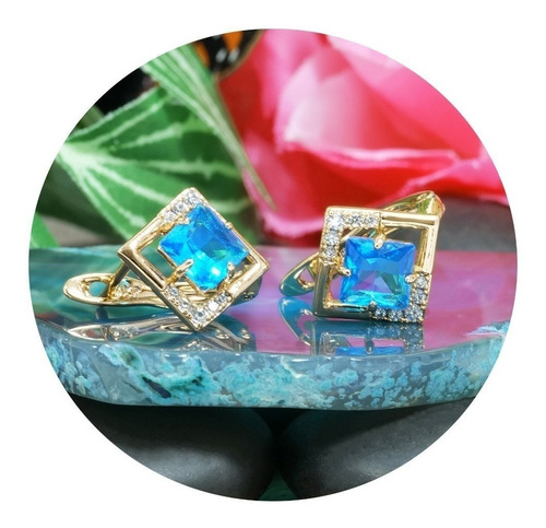 Aretes Broquel Diamante Princesa Oro 24k Azul Gema Brillante