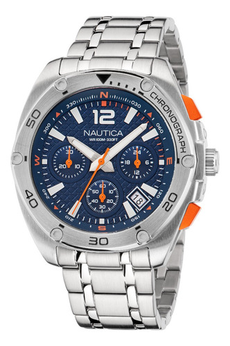 Reloj Nautica Naptcf212 Para Hombre Malla Plateado Bisel Plateado Fondo Azul