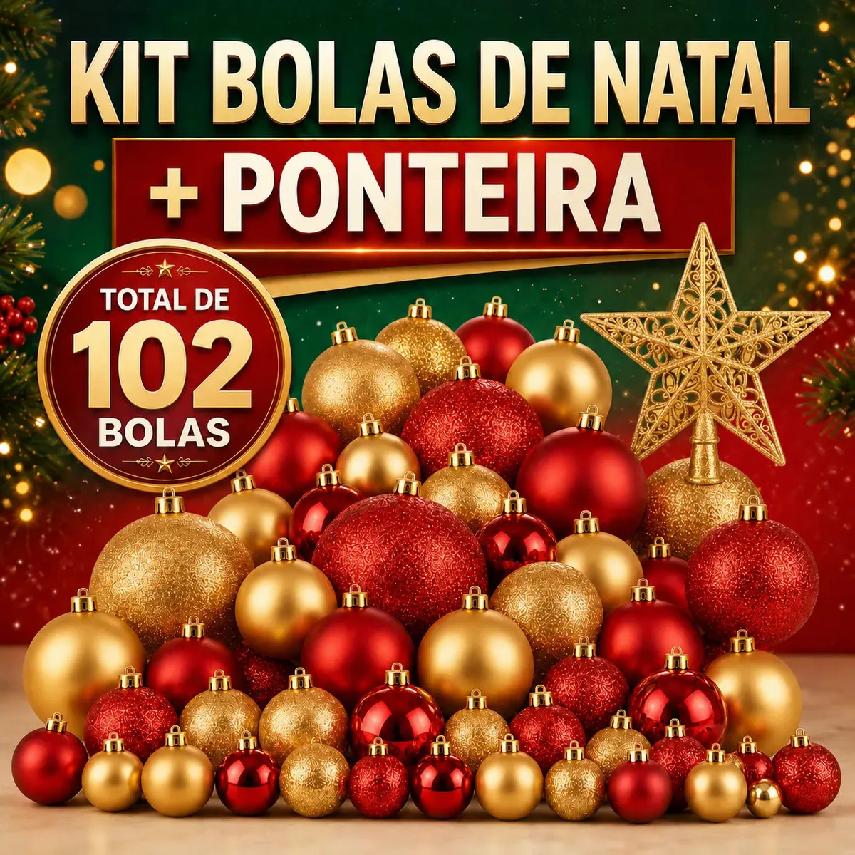 Kit Bolas de Natal com Ponteira Estrela 103 Peças Enfeites p