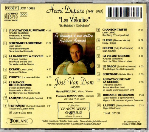 Cd Henri Duparc José Van Dam Les Mélodies Pikulski Bonnafous Estandar (Usado)