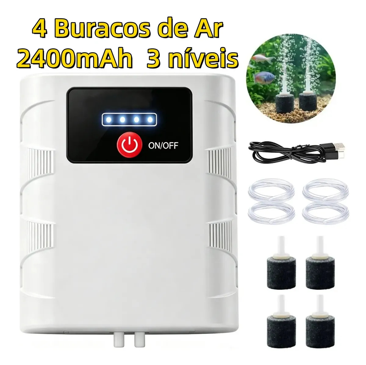 Bomba Para Aquario 4 Recarregável 2400mah + 4 Tubos +4 Pedras de Difusão de Ar Saídas Mini Bomba De Oxigênio Recarregável Bomba De Ar Para Aquário E Pesca 4 Saídas Bateria 2400mah