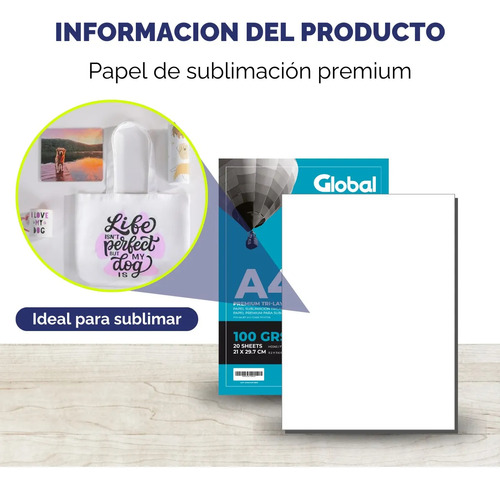 Papel A4 Para Sublimar Y Estampar - 95% Transferencia - 210 X 297 Mm - 100 Gramos - Resma De 20 Hojas - Marca Global Electronics