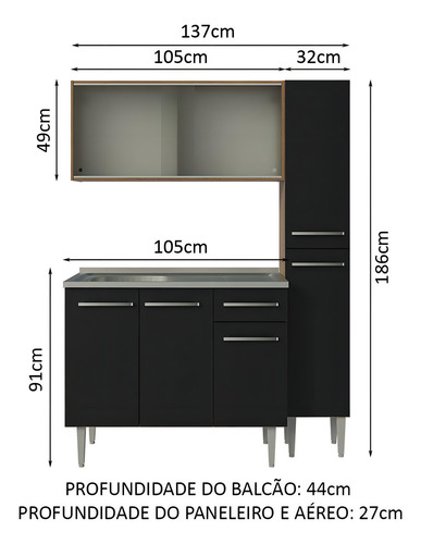 Armário Cozinha Compacta 137cm Com Pia Emilly Madesa Rp 07 Cor Rustic/Preto