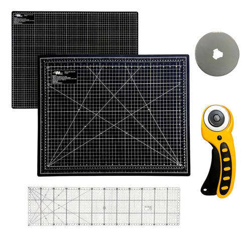 Kit Base Para Corte Tapete 60x45 Régua 15x60 Cortador 45mm Cor Base Preta Cortador Amarelo