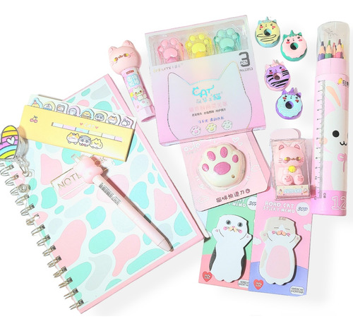 Kit De Papeleria Kawaii Rosa Pastel (15 Articulos)