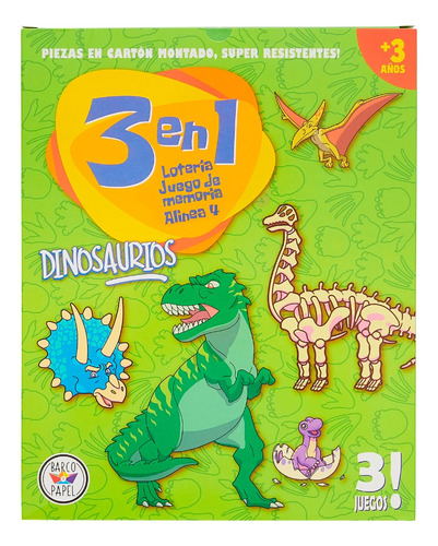 Juego Mesa Dinosaurios 3 En 1 Loteria - Memoria - Alinea 4